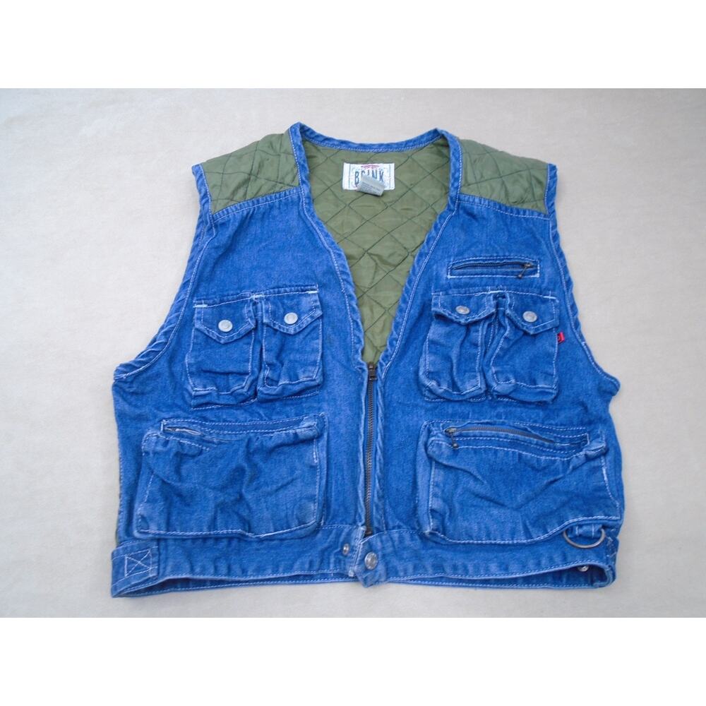 Vtg On The Brink Denim Vest Fishing Hunting Utility Photography Large Quilted